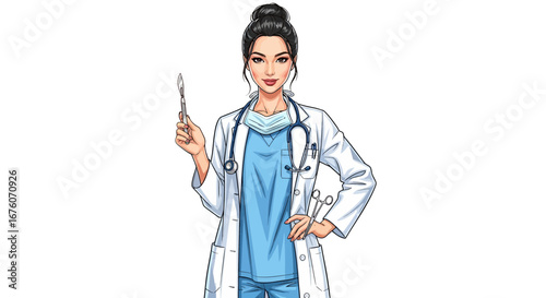 Confident female surgeon with scalpel on a white background vector design