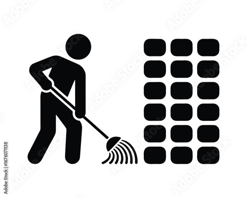 Restaurant Worker Cleaning: Sweeping Floor in Empty Dining Area