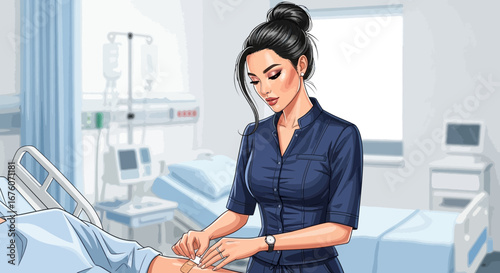 Dedicated nurse applying bandage in a hospital room for a patient