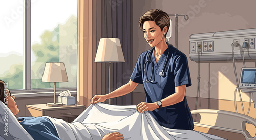 Dedicated nurse attentively caring patient inside well equipped hospital room