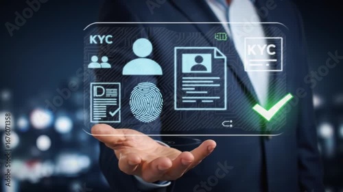 Wallpaper Mural Businessman Presenting Holographic KYC Interface for Digital Identity Verification and Compliance Torontodigital.ca