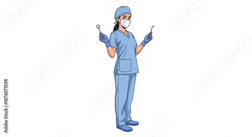 Focused dentist poised with tools wearing mask and surgical attire on white backdrop