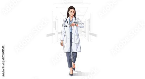Focused young female doctor checking time, strolling along bright hospital hall