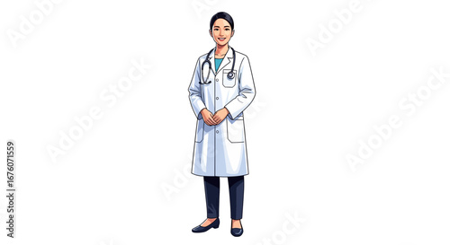 Friendly Asian female doctor in white coat with a stethoscope illustration