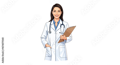 Friendly female doctor holding clipboard, ready for examination, smiling