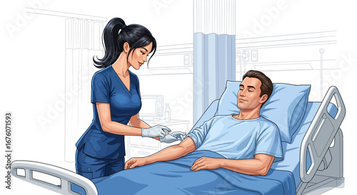 Healthcare professional administering medication to a patient in the hospital room