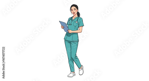 Illustration of a healthcare professional in scrubs holding a clipboard