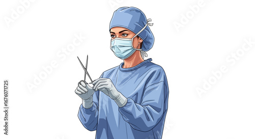 Illustration of a female surgeon holding surgical scissors in a sterile environment