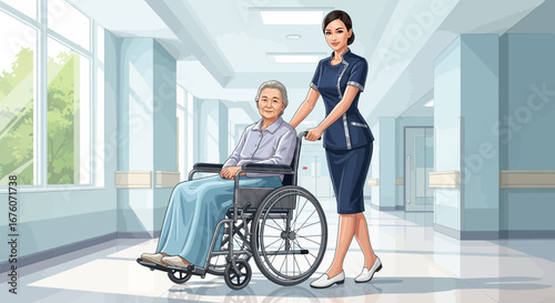 Illustration of a Kind Nurse Assisting a Senior Patient in a Wheelchair
