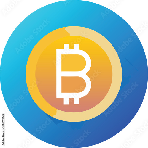 Digital illustration of a Bitcoin cryptocurrency symbol within a blue and yellow gradient circle, representing digital currency and blockchain technology vector EPS file download