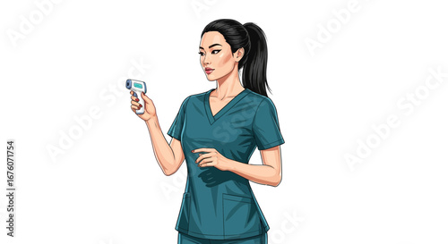 Illustration of a nurse with an infrared thermometer, healthcare setting
