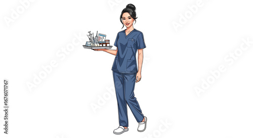 Illustration of a Young Medical Nurse Carrying Medical Equipment on a Tray