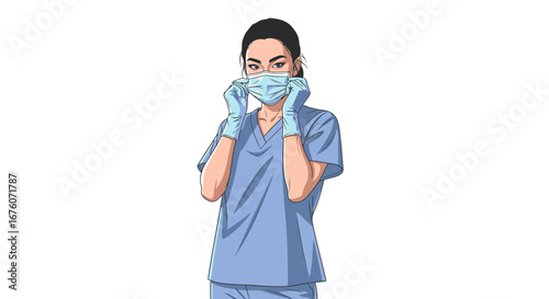 Illustrative healthcare professional preparing mask for medical service, ready