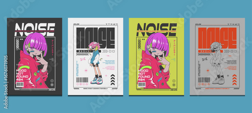 collection of cyberpunk anime posters, ideal for t-shirt, urban branding and futuristic graphic design, vector illustration