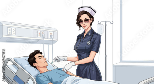 Nurse administering an injection to a patient in a hospital bed in a cartoon