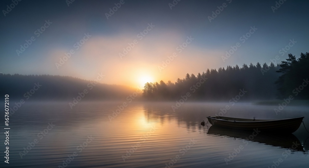 Fototapeta premium Peaceful Sunrise Over Misty Lake with Small Boat