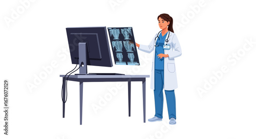 Professional Woman Doctor Analyzing X-Ray Images at the Clinic on Computer
