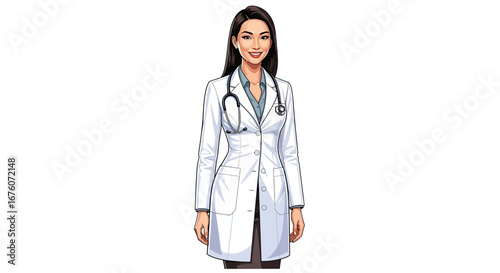 Professional young asian female doctor in white coat and stethoscope
