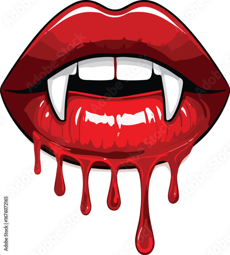Vampire fangs and dripping bloody lips graphic symbolizing halloween horror and gothic romance vector