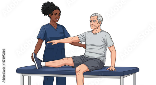 Senior man receiving physiotherapy treatment from female therapist illustration