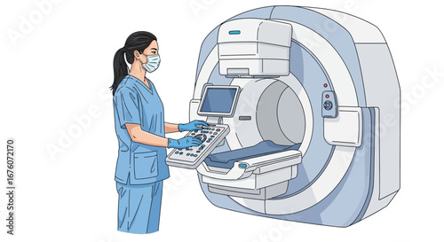 Radiology technician performing a CT scan examination with modern equipment