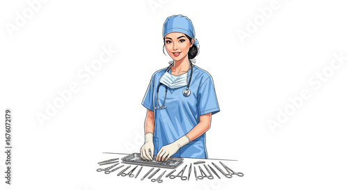 Sketched professional female surgeon organizing surgical instruments meticulously