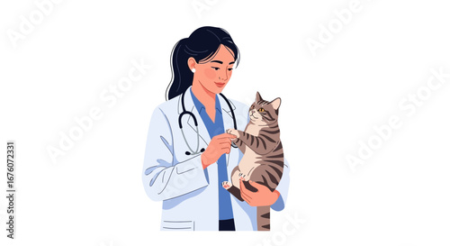 Veterinarian gently examining a cute tabby cat in clinic vector illustration