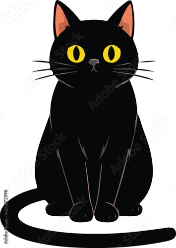 Cute cartoon black cat sitting with bright yellow eyes and perky ears animated style vector