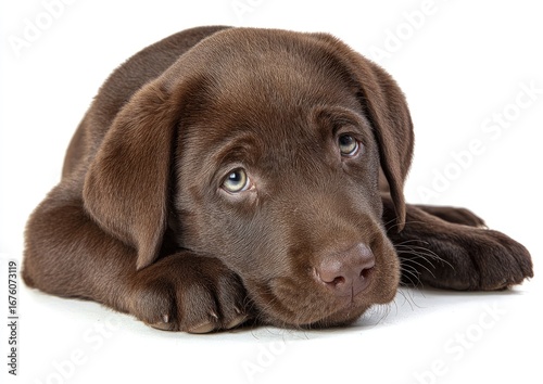 Chocolate Labrador puppy, lying down, sad expression