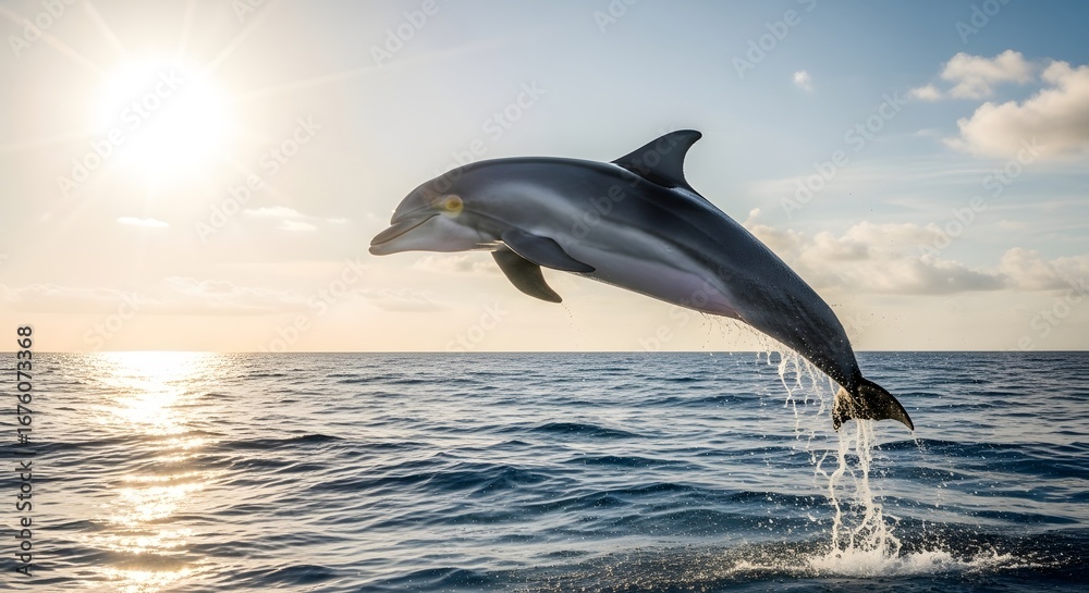 Obraz premium A dolphin leaps out of the ocean at sunset with sun flare