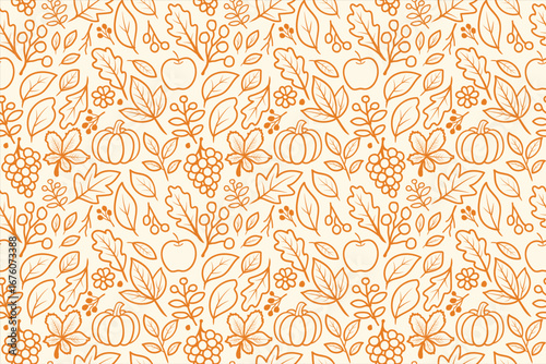 Seamless autumn pattern with pumpkins, grapes, leaves, and harvest elements in orange line art on beige background for fall, thanksgiving, and seasonal design.