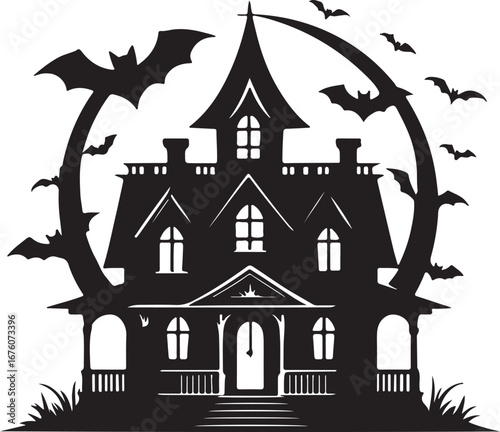 Spooky haunted mansion silhouette with bats and full moon for halloween celebrations and decorations vector