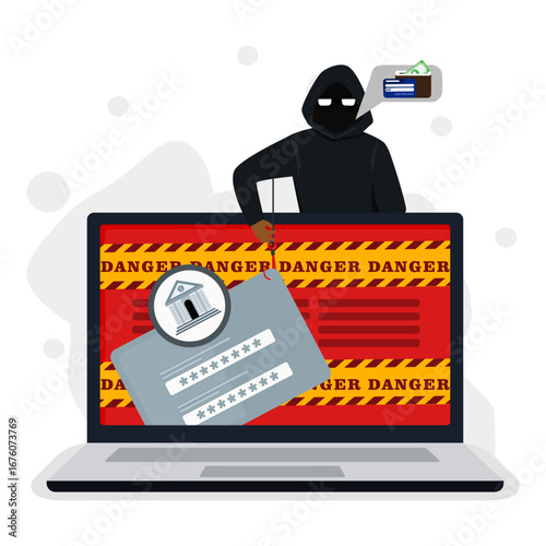 Hacker stealing banking account with fishing hook to take a money. Cyber thief and internet scammer concept.