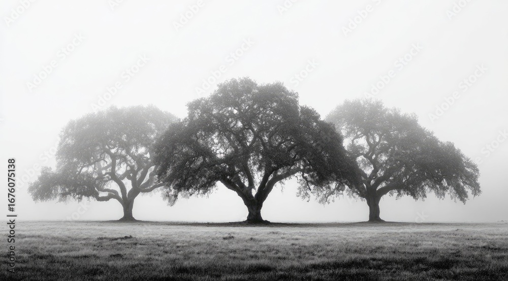 Naklejka premium Three majestic oaks stand in a field shrouded in dense fog. A grayscale landscape of quiet contemplation