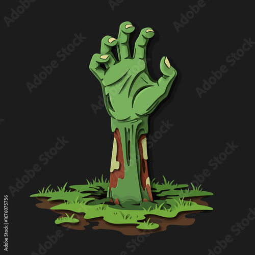 Zombie hand emerging from ground in 3d papercut style for halloween decor