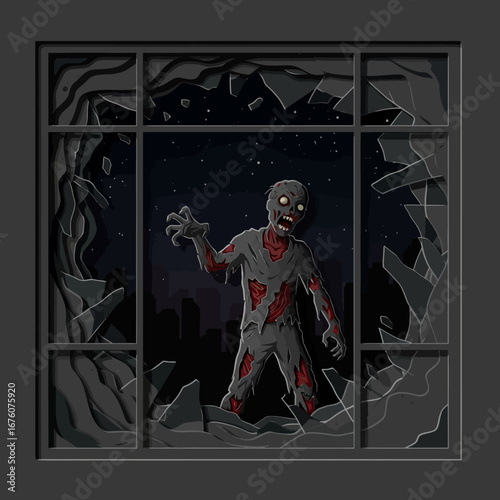 Creepy zombie breaking through window in apocalyptic city night scene