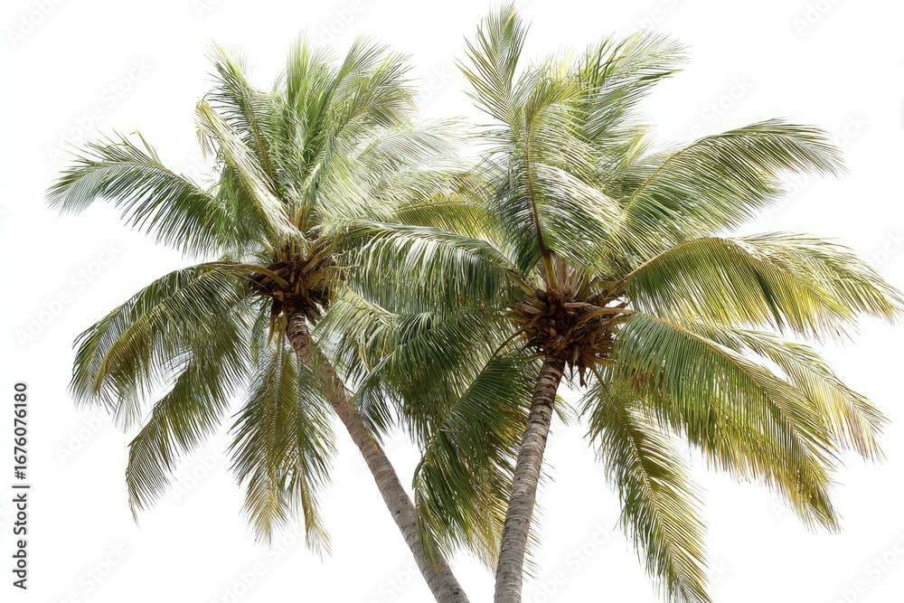 Fototapeta premium Two coconut palms against a white background. Lush green fronds, light and airy, reach upward. Trunks meet in middle ground