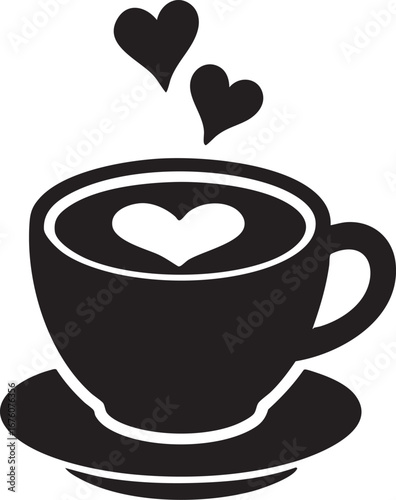 Coffee cup with heart latte art and steam black and white vector illustration cozy love beverage concept cafe design