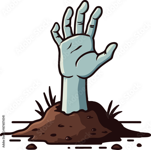 Rising zombie hand emerging from the ground with dirt and grass sprouting spooky halloween horror vector