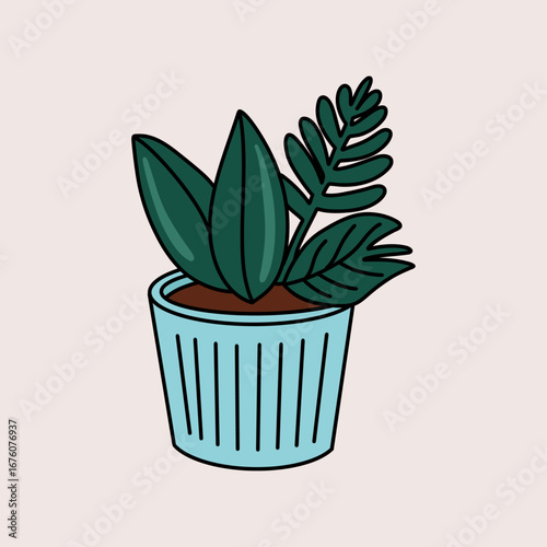 Minimalist Icon of a Plant Growing on a Blue Pot