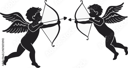 Two Silhouetted Cupids with Bows and Arrows Aiming at Each Other love romance vector EPS file download