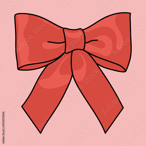 Red Satin Ribbon with Bow Vector Icon on Pink Background