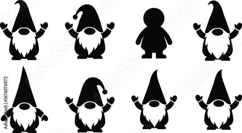 Black silhouette vector illustration of eight gnome characters with unique hats and poses for fantasy, folklore, holiday, and decorative design themes