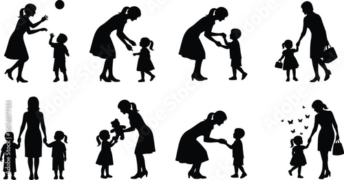 Eight silhouettes of woman interacting with children, showing caregiving, play, gifts, walking, and nurturing family moments in vector design