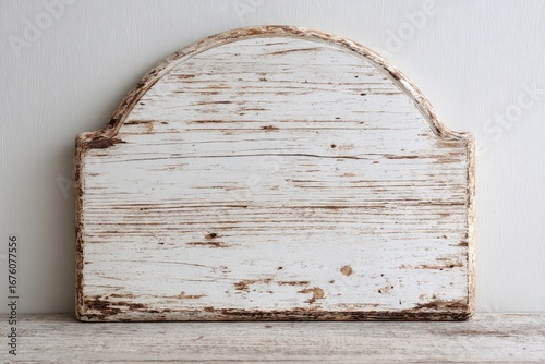 A weathered, arched, white wooden sign