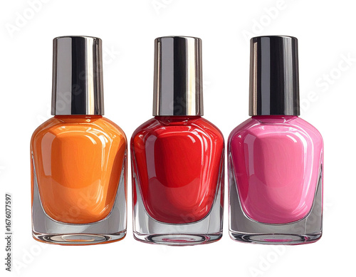 Three Colorful Nail Polish Bottles in Orange, Red, and Pink, Front View, Isolated PNG
