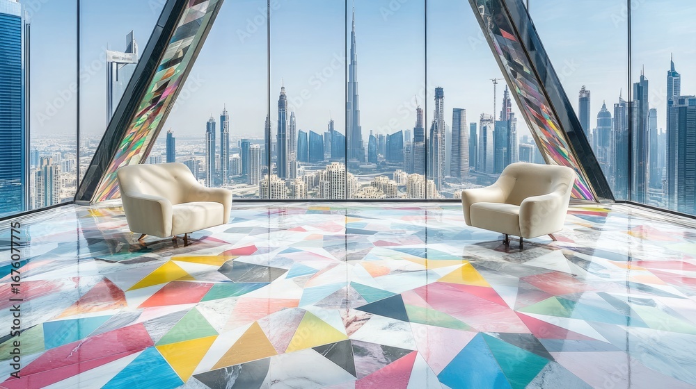 Naklejka premium Colorful geometric patterned floor with modern armchair and panoramic city view.