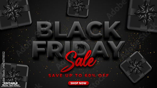 Black friday sale save up to 60% off 3d editable black text effect template. Customizable typography for advertisement and social media promotion. 