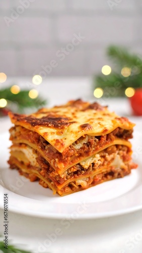 A square portion of lasagna on a plate