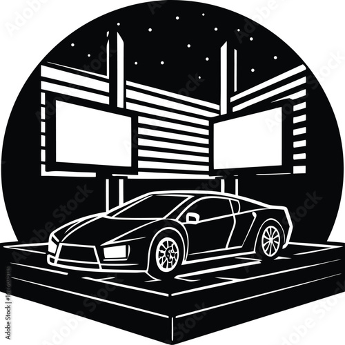 Vector art of modern sports car on a stage with screens in the background, black and white illustration